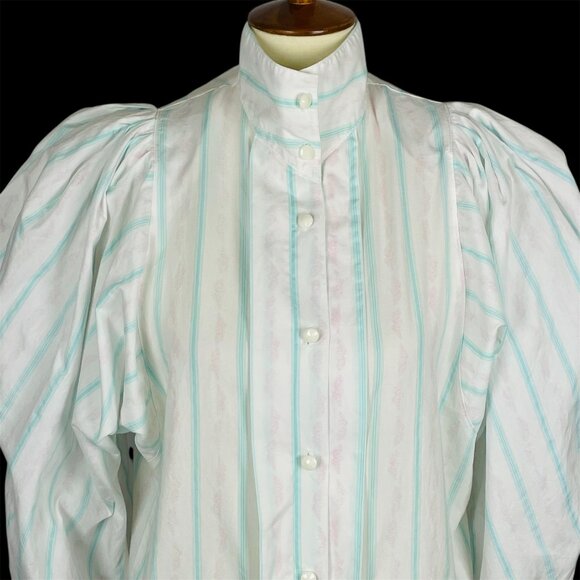 Vtg 80s Idioms Gibson Girl Statement Puff Sleeve Top Sz S High Neck Pastel - Picture 1 of 7